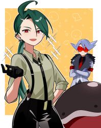 Rule 34 | 1boy, 1girl, :d, ahoge, black gloves, black necktie, black pants, border, bright pupils, clodsire, collared shirt, commentary request, creatures (company), earrings, game freak, genjitsu o miro, gloves, green hair, hair between eyes, highres, jewelry, lear (pokemon), long hair, necktie, nintendo, open mouth, outside border, pants, pokemon, pokemon (creature), pokemon masters ex, pokemon sv, red eyes, rika (pokemon), shirt, smile, suspenders, white border, yellow background