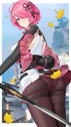 Rule 34 | 1girl, absurdres, ahoge, ass, belt, black gloves, black pantyhose, blush, border, breasts, cleavage, closed mouth, gloves, haerge, hair ornament, hair over one eye, highres, large breasts, looking at viewer, medium hair, open mouth, pantyhose, pink eyes, pink hair, purple eyes, short hair, smile, solo, tacet mark (wuthering waves), taoqi (wuthering waves), tassel, weapon, white border, wuthering waves
