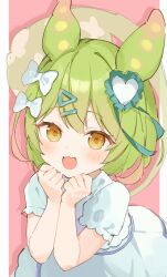 Rule 34 | 1girl, alternate costume, bow, dress, green hair, hair bow, hair ornament, hairclip, hands up, heart, heart hair ornament, highres, light blush, looking at viewer, open mouth, outside border, own hands together, pillarboxed, pink background, short sleeves, smile, solo, tananuki, twitter username, upper body, voiceroid, voicevox, watermark, white bow, white dress, yellow eyes, zundamon