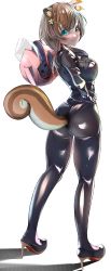 Rule 34 | 1girl, absurdres, animal ears, ass, ayunda risu, biker clothes, bikesuit, black bodysuit, black footwear, bodysuit, breasts, brown hair, commission, green eyes, helmet, high heels, highres, hololive, hololive indonesia, large breasts, lisp coc, looking at viewer, looking back, motor vehicle, motorcycle, motorcycle helmet, pilot suit, short hair, skeb commission, skin tight, smile, solo, squirrel ears, squirrel girl, squirrel tail, tail, virtual youtuber