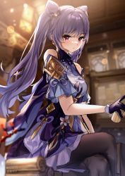 Rule 34 | 1girl, :/, absurdres, bare shoulders, black gloves, blurry, blurry background, blush, braid, breasts, brown pantyhose, cone hair bun, crossed legs, double bun, dress, genshin impact, gloves, guzangnanfeng, hair bun, hair ornament, highres, holding, keqing (genshin impact), long hair, looking to the side, medium breasts, pantyhose, purple dress, purple hair, short sleeves, sitting, solo, twintails, twitter username