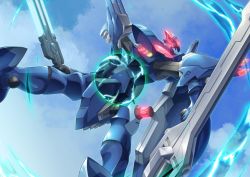 Rule 34 | dual wielding, floating, gamiani zero, glowing, highres, holding, holding sword, holding weapon, looking up, mark elf, mecha, no humans, robot, science fiction, sky, solo, soukyuu no fafner, sword, visor, weapon