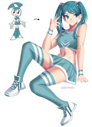 Rule 34 | 1girl, absurdres, android, arrow (symbol), artist name, blue eyes, blue hair, blue nails, blue skirt, bracelet, crop top, daniaeru, hair behind ear, highres, jenny wakeman, jewelry, looking to the side, midriff, my life as a teenage robot, nail polish, navel, personification, photo inset, reference inset, shoes, sitting, skirt, smile, sneakers, thighhighs, twintails, white background, white footwear