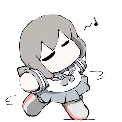 Rule 34 | 1girl, blue neckerchief, blue sailor collar, blue skirt, chibi, closed eyes, dancing, fubuki (kancolle), grey footwear, kantai collection, low ponytail, musical note, neckerchief, no mouth, pleated skirt, sailor collar, school uniform, serafuku, shoes, simple background, skirt, spoken musical note, standing, standing on one leg, task (s task80), uniform, white background