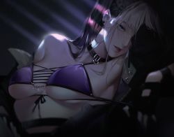 Rule 34 | 1girl, bai yi (path to nowhere), baiyi (wuqi mitu), bare shoulders, belt, bikini, black gloves, black hair, breasts, collarbone, dark room, eyebrows hidden by hair, fingerless gloves, front-tie top, gloves, long hair, looking at viewer, multicolored hair, open clothes, open mouth, path to nowhere, purple bikini, reroi, ribbon, solo, swimsuit, underboob, upper body, white hair