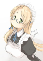 Rule 34 | absurdres, alternate costume, apron, black dress, blonde hair, blunt bangs, cropped torso, dress, enmaided, frilled apron, frills, fyuo, glasses, green eyes, highres, kantai collection, long hair, maid, maid headdress, northampton (kancolle), one-hour drawing challenge, semi-rimless eyewear, simple background, solo, upper body, white apron, white background