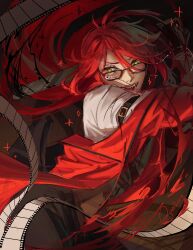 Rule 34 | 1boy, absurdres, androgynous, arm belt, artist name, black vest, brown background, brown pants, buttons, evil smile, film strip, glasses, grell sutcliff, highres, jacket, kuroshitsuji, long hair, looking at viewer, male focus, open mouth, pants, questtneo, red-framed eyewear, red hair, red jacket, sharp teeth, shirt, signature, smile, solo, sparkle, teeth, vest, white shirt, yellow eyes