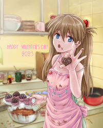 Rule 34 | 1girl, 2023, absurdres, apron, blue eyes, blush, bodysuit, breasts, brown hair, casual, chocolate, cooking, dated, gift, hair between eyes, happy valentine, heart, highres, holding, interface headset, kazumiminagawa, kitchen, long hair, looking at viewer, neon genesis evangelion, open mouth, red headwear, shiny clothes, simple background, small breasts, solo, souryuu asuka langley, standing, two side up, valentine, very long hair