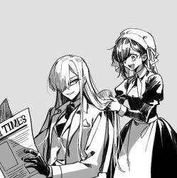Rule 34 | 2girls, black gloves, blush, brushing hair, fate/grand order, fate (series), formal, gloves, grey background, greyscale, hair over one eye, holding, holding brush, holding newspaper, long hair, long sleeves, looking at another, maid, monochrome, multiple girls, mysterious ranmaru x (fate), newspaper, oda nobunaga (fate), oda nobunaga (maou avenger) (fate), sempon (doppio note), sharp teeth, sidelocks, simple background, smile, smirk, suit, teeth