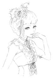 Rule 34 | 1girl, arm at side, arm up, blunt bangs, character request, choker, closed mouth, commentary request, copyright request, flower, frills, greyscale, hair flower, hair ornament, hand to own mouth, highres, lineart, looking at viewer, mitsugu, monochrome, ribbon choker, short hair, signature, simple background, solo, white background