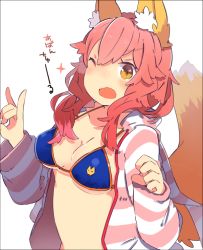 Rule 34 | 1girl, animal ears, bikini, blue bikini, blush, breasts, cleavage, fate/grand order, fate (series), fox ears, fox shadow puppet, fox tail, long hair, looking at viewer, medium breasts, official alternate costume, one eye closed, open mouth, pekeko (pepekekeko), pink hair, side-tie bikini bottom, simple background, solo, star-shaped pupils, star (symbol), swimsuit, symbol-shaped pupils, tail, tamamo (fate), tamamo no mae (fate/extra), tamamo no mae (spring casual) (fate), tamamo no mae (swimsuit lancer) (fate), translation request, upper body, white background, yellow eyes
