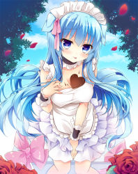 Rule 34 | 1girl, :p, apron, bent over, blue eyes, blue hair, breasts, candy, chocolate, chocolate heart, cleavage, flower, food, heart, heart-shaped pupils, heart on chest, large breasts, long hair, looking at viewer, matching hair/eyes, momoiro taisen pairon, naked apron, natsuki yuu (amemizu), original, petals, rose, smile, solo, symbol-shaped pupils, tongue, tongue out, valentine