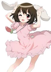 Rule 34 | 1girl, ;d, animal ears, arms up, bare legs, black hair, body blush, carrot, carrot necklace, covered navel, dot nose, dress, feet out of frame, floating hair, floppy ears, frilled dress, frilled sleeves, frills, inaba tewi, jewelry, light blush, looking at viewer, necklace, one-hour drawing challenge, one eye closed, open mouth, pink dress, polpol, puffy short sleeves, puffy sleeves, rabbit ears, rabbit girl, rabbit pose, rabbit tail, red eyes, short hair, short sleeves, simple background, smile, solo, standing, tail, touhou, vignetting, white background