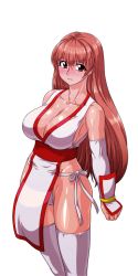 Rule 34 | 1girl, blush, breasts, brown hair, cleavage, collarbone, dead or alive, detached sleeves, himukai kyousuke, hip focus, kasumi (doa), large breasts, legs, long hair, panties, red eyes, shiny skin, simple background, solo, tecmo, thighhighs, underwear, white background, white panties, white thighhighs