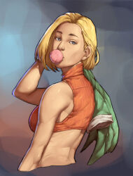 Rule 34 | 1girl, blonde hair, blue eyes, blue mary, breasts, bubble, chewing, chewing gum, commentary, crop top, english commentary, fatal fury, fatal fury 3, jacket, jacket on shoulders, looking at viewer, medium breasts, mick cortes, portrait, solo, the king of fighters, toned, turning head, upper body