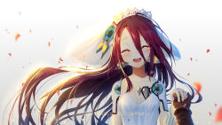Rule 34 | 1boy, 1girl, ^ ^, android, bare shoulders, blush, breasts, bridal veil, brown gloves, closed eyes, collarbone, crying, dress, english text, facing viewer, gloves, gradient background, grey background, hair between eyes, hair ornament, head tilt, hetero, highres, holding hands, jewelry, ji dao ji, long hair, long sleeves, no game no life, ornate ring, out of frame, petals, purple hair, riku (no game no life), ring, shuvi (no game no life), small breasts, strapless, strapless dress, tears, veil, very long hair, wedding ring, white background, white dress
