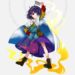 Rule 34 | 1girl, bag, blue eyes, blue hair, brown footwear, cape, card, closed mouth, full body, hairband, hand on own hip, harukawa moe (style), highres, keiki8296, long sleeves, looking at viewer, multicolored clothes, multicolored hairband, patchwork clothes, simple background, sky print, solo, tenkyuu chimata, touhou, white background, white cape
