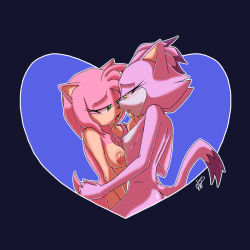 Rule 34 | 2girls, after kiss, amy rose, blaze the cat, blush, grabbing another&#039;s breast, grabbing, green eyes, half-closed eyes, hand on ass, heart, implied fingering, looking at another, multiple girls, nude, pink hair, ponytail, purple hair, sapphicwetpanties, short hair, third-party source, yellow eyes, yuri
