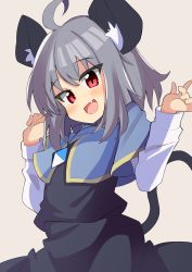 Rule 34 | 1girl, :d, absurdres, ahoge, animal ear fluff, animal ears, blue cape, blush, breasts, brown background, cape, commentary request, cowboy shot, crystal, fang, grey hair, grey skirt, grey vest, highres, jewelry, layered clothes, long sleeves, looking at viewer, mouse ears, mouse girl, mouse tail, nazrin, open mouth, pendant, rafa (rafua kz), red eyes, shirt, short hair, simple background, skirt, skirt set, small breasts, smile, solo, tail, touhou, vest, white shirt