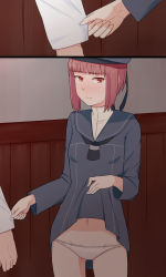 Rule 34 | 10s, 1boy, 1girl, admiral (kancolle), black dress, blunt bangs, blush, brown eyes, brown hair, clothes grab, clothes lift, dress, dress lift, embarrassed, groin, hat, highres, kantai collection, lifted by self, long sleeves, looking away, navel, neckerchief, panties, sailor dress, shirt, sleeve grab, solo focus, standing, tsurugi (the horizon), turtleneck, underwear, wainscoting, white panties, white shirt, z3 max schultz (kancolle)