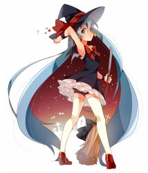 Rule 34 | 1girl, :o, aqua eyes, aqua hair, arm up, armpits, bike shorts, blue eyes, blue hair, bow, broom, dress, earrings, full body, hat, hat ribbon, hatsune miku, high heels, holding, hoop earrings, jewelry, long hair, looking at viewer, looking back, matching hair/eyes, open mouth, ribbon, shoes, simple background, solo, star (symbol), thighhighs, twintails, umiko (munemiu), very long hair, vocaloid, white background, white thighhighs, witch, witch hat, zettai ryouiki
