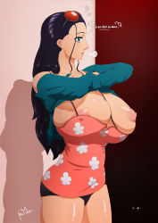 Rule 34 | 1girl, absurdres, black hair, blue eyes, breasts, female focus, highres, huge breasts, joraglove, long hair, long sleeves, nico robin, nipples, one piece, solo, sunglasses, sunglasses on head, sweat, text focus, thighs, undersized clothes, undressing