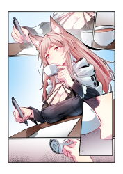 Rule 34 | 1girl, absurdres, animal ears, arknights, black bra, bra, breast rest, breasts, breasts on table, cleavage, comic, cup, dress, drinking, highres, holding, holding pen, large breasts, long hair, long sleeves, lsc5, pen, pink eyes, pink hair, pozyomka (arknights), pozyomka (snowy plains in words) (arknights), silent comic, solo, teacup, underwear, wolf ears, wolf girl, writing