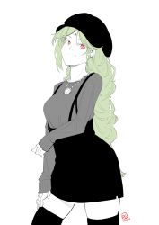 Rule 34 | 1girl, alternate costume, automatic giraffe, black hat, black skirt, black thighhighs, contemporary, cowboy shot, green hair, grey shirt, hat, kid icarus, limited palette, long hair, long sleeves, neckwear request, nintendo, palutena, red eyes, shirt, simple background, skirt, solo, spot color, super smash bros., suspenders, thighhighs, very long hair, white background