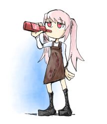 Rule 34 | 1girl, alice sawyer, apron, black footwear, boots, bottle, brown apron, cross-laced footwear, drinking, indie virtual youtuber, lace-up boots, long sleeves, pink hair, red eyes, second-party source, setz, shirt, solo, twintails, virtual youtuber, white shirt, white sleeves