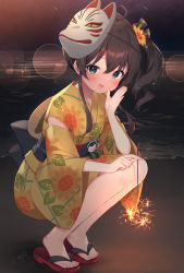 Rule 34 | 1girl, :d, bare legs, beach, blue eyes, blush, brown hair, fireworks, flip-flops, floral print, flower, fox mask, full body, hair between eyes, hair flower, hair ornament, highres, holding, holding fireworks, hololive, japanese clothes, kimono, long hair, long sleeves, looking at viewer, looking to the side, mask, mask on head, natsuiro matsuri, night, nyasunyadoora, open mouth, outdoors, print kimono, sandals, side ponytail, sidelocks, smile, solo, sparkler, squatting, sunflower, virtual youtuber, wide sleeves, yellow kimono