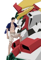 Rule 34 | 2boys, abs, ao isami, bare pectorals, black hair, bravern, facial hair, from side, full body, male focus, mecha, multiple boys, nipples, pectorals, profile, robot, sideburns stubble, size difference, smile, standing, stubble, super robot, thick eyebrows, white background, xylo bee, yuuki bakuhatsu bang bravern
