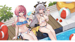 Rule 34 | 2girls, absurdres, arknights, arm support, bare arms, bare shoulders, bikini, black choker, black ribbon, breasts, chinese commentary, choker, cleavage, collarbone, commentary request, cup, feet out of frame, food, grey hair, hair ribbon, halterneck, hand up, hands up, highres, holding, holding cup, holding food, holding spoon, innertube, large breasts, long hair, looking at viewer, low-tied long hair, mismatched bikini, multiple girls, navel, open mouth, pink hair, pool, popsicle, purestream (arknights), purple eyes, red eyes, ribbon, side-tie bikini bottom, sitting, spoon, srf feng, stomach, swim ring, swimsuit, thighs, water, weedy (arknights), white bikini