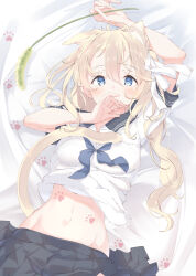 Rule 34 | 1girl, absurdres, animal ears, arm above head, arm up, bed, bed sheet, black sailor collar, black skirt, blonde hair, blue eyes, blue neckerchief, blush, breasts, cat ears, cat tail, cat teaser, clothes lift, covering own mouth, curly hair, groin, hair ribbon, highres, long hair, looking at viewer, loose neckerchief, lying, navel, neckerchief, on back, on bed, open clothes, open skirt, original, pleated skirt, ribbon, sailor collar, school uniform, serafuku, shirt lift, short sleeves, skirt, small breasts, solo, stomach, tail, ukiwakisen, upper body, white ribbon, white serafuku