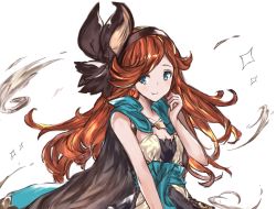 Rule 34 | 10s, 1girl, bare shoulders, blue eyes, breasts, cape, cleavage, collarbone, granblue fantasy, hairband, long hair, looking away, looking to the side, moko (alice), red hair, sara (granblue fantasy), simple background, small breasts, smile, solo, sparkle, upper body, white background, wind