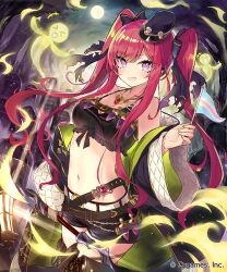 1girl 3others amy_(shadowverse) bare_shoulders belt belt_buckle black_bra black_shorts black_thighhighs blush bow bow_bra bra breasts buckle cleavage commentary_request company_name flag full_moon ghost grave green_jacket hair_bow holding holding_flag holding_lantern jacket jewelry lantern large_breasts long_hair looking_at_viewer miruto_netsuki moon multicolored_clothes multicolored_jacket multiple_others navel necklace night night_sky official_art open_clothes open_jacket open_mouth outdoors pink_hair purple_bow purple_eyes shadowverse shirt shorts sky smile standing thick_thighs thighhighs thighs tombstone torn_clothes torn_shirt twintails two-tone_jacket underwear walking wide_sleeves