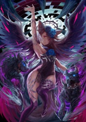 Rule 34 | 1girl, animal ears, arm up, armpits, bare shoulders, black wings, blue eyes, blue flower, blue rose, breasts, brown hair, closed mouth, collar, dog, dog ears, fangs, fangs out, flower, fox ears, fox tail, glowing, glowing eyes, hair flower, hair ornament, hair over one eye, halo, highres, light purple hair, okuma mai, open mouth, original, purple hair, purple thighhighs, red eyes, rose, saliva, see-through, sideboob, tail, tattoo, thighhighs, tongue, tongue out, wings