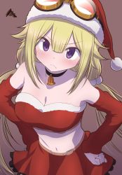 Rule 34 | 1girl, adapted costume, alternate color, arm warmers, bare shoulders, bell, belt, belt buckle, black choker, blonde hair, breasts, brown background, brown belt, buckle, choker, christmas, cleavage, clenched hand, closed mouth, contrapposto, dot nose, fang, from above, frown, fur-trimmed tube top, fur trim, goggles, goggles on headwear, hair between eyes, hair ornament, hair strand, hands on own hips, hat, highres, large breasts, light blush, long hair, looking at viewer, looking up, low twintails, magia record: mahou shoujo madoka magica gaiden, mahou shoujo madoka magica, midriff, mitsuki felicia, navel, neck bell, pom pom (clothes), pom pom hair ornament, purple eyes, red hat, red skirt, red tube top, santa hat, sidelocks, simple background, skirt, solo, spiked hair, squiggle, strapless, touyu (yuruyuruto), tsurime, tube top, twintails, upper body, v-shaped eyebrows