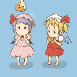Rule 34 | 2girls, :&lt;, barefoot, bat wings, blonde hair, blue hair, chi-kun (seedyoulater), chii-kun (seedyoulater), child, cookie, cream puff, dress, eating, flandre scarlet, food, food on face, hat, hat ribbon, mob cap, multiple girls, pink dress, puffy sleeves, red dress, remilia scarlet, ribbon, short sleeves, siblings, side ponytail, sisters, touhou, wings, aged down