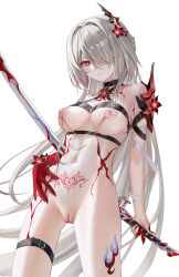 Rule 34 | 1girl, absurdres, acheron (honkai: star rail), bare shoulders, black choker, blhazx, breasts, chest belt, chinese commentary, choker, cleavage, commentary request, cowboy shot, flower, grey hair, hair flower, hair intakes, hair ornament, hair over one eye, halterneck, highres, holding, holding sword, holding weapon, honkai: star rail, honkai (series), large breasts, leg tattoo, long hair, looking at viewer, navel, nude, official alternate color, pubic tattoo, red eyes, red flower, scabbard, sheath, sheathed, simple background, solo, standing, stomach, sword, tattoo, thigh strap, thighs, very long hair, weapon, white background