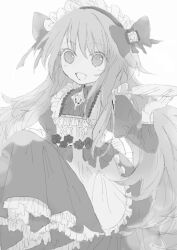 Rule 34 | 1girl, alternate costume, blonde hair, chaos marie (grimms notes), grimms notes, hair ribbon, jewelry, long hair, maid, maid headdress, monochrome, moyashi505, open mouth, pendant, pink eyes, ribbon, smile, solo