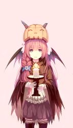 Rule 34 | 1girl, asllence, bat wings, braid, candle, highres, holding, horns, long hair, looking at viewer, object on head, original, outstretched arms, parted lips, pink hair, pumpkin, simple background, solo, very long hair, wings