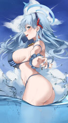 Rule 34 | 1girl, absurdres, ako (blue archive), alternate costume, arm strap, ass, bare shoulders, bell, bikini, blue archive, blue bikini, blue choker, blue eyes, blue hair, breasts, choker, cowboy shot, day, floating hair, from side, hairband, haku (liiixixixiii), halo, halterneck, highres, large breasts, long hair, o-ring, o-ring bikini, open mouth, outdoors, outstretched arms, profile, scrunchie, sideboob, single thighhigh, skindentation, smile, solo, standing, string bikini, swimsuit, thighhighs, thighs, tongue, tongue out, wading, water, wet, white thighhighs, wrist scrunchie