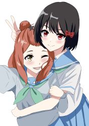 2girls absurdres bangs_pinned_back black_hair blush bow hair_bow hair_bun hair_ornament half_updo hibike!_euphonium highres hisaishi_kanade hug hug_from_behind kenzaki_ririka kinomiki long_sleeves looking_at_viewer medium_hair multiple_girls neckerchief one_eye_closed open_mouth pleated_skirt red_eyes school_uniform selfie short_hair short_sleeves skirt smile star_(symbol) star_hair_ornament sweater v yellow_eyes