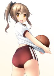 Rule 34 | 1girl, ass, ball, basketball, basketball (object), brown buruma, brown eyes, brown hair, buruma, commentary request, cowboy shot, from behind, gym uniform, highres, long hair, looking at viewer, looking back, original, ponytail, red buruma, shibacha, shirt, short sleeves, simple background, smile, solo, standing, t-shirt, white background, white shirt