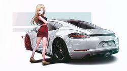 Rule 34 | 1girl, absurdres, agnes beckenbauer, ass, blonde hair, breasts, brown footwear, car, cropped shirt, from behind, green eyes, hand in own hair, highres, long hair, looking at viewer, medium breasts, mf ghost, mizzterbii, motor vehicle, pencil skirt, porsche, porsche cayman, red skirt, shadow, signature, skirt, smile, solo, sports car, vehicle focus