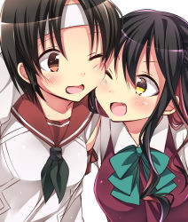 Rule 34 | 10s, 2girls, :d, arm over shoulder, black hair, bow, bowtie, cheek-to-cheek, fang, headband, heads together, kantai collection, long hair, looking at another, multicolored hair, multiple girls, naganami (kancolle), nagara (kancolle), neckerchief, one eye closed, open mouth, pink hair, sailor collar, school uniform, serafuku, short hair, sk02, smile, two-tone hair, upper body, wavy hair, white background