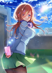 Rule 34 | 1girl, arms behind back, blue cardigan, blue eyes, blue sky, blush, breasts, brown hair, building, cardigan, closed mouth, cloud, commentary request, cowboy shot, day, diffraction spikes, envelope, eyebrows hidden by hair, facing viewer, go-toubun no hanayome, green skirt, hair between eyes, hair over one eye, headphones, headphones around neck, highres, holding, holding envelope, large breasts, lens flare, long hair, long sleeves, nakano miku, outdoors, pantyhose, piyopoyo, pleated skirt, rainbow, rooftop, shirt, skirt, sky, skyline, smile, solo, sunlight, thighband pantyhose, tile floor, tiles, twitter username, white shirt, wind, wind lift