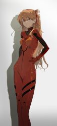 Rule 34 | 1girl, absurdres, artist request, blue eyes, bodysuit, breasts, closed mouth, collar, cropped legs, expressionless, hair between eyes, hair ornament, hair ribbon, hands on own hips, highres, interface headset, long hair, looking at viewer, neon genesis evangelion, orange hair, pilot suit, plugsuit, red bodysuit, ribbon, shiny clothes, simple background, skin tight, solo, souryuu asuka langley, very long hair, white background, wide hips