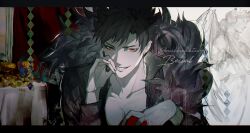 Rule 34 | belial (granblue fantasy), bishounen, black hair, black shirt, chalice, cup, feather boa, granblue fantasy, highres, jacket, male focus, messy hair, open clothes, open jacket, pectoral cleavage, pectorals, popped collar, red eyes, rilmok, shirt, statue, toned, toned male