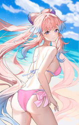 Rule 34 | 1girl, alternate costume, ass, beach, bikini, blue hair, blue sky, blush, bow-shaped hair, breasts, chibi vanille, closed mouth, cloud, colored tips, commentary, contrapposto, cowboy shot, day, english commentary, floating hair, from behind, genshin impact, highres, long hair, looking at viewer, medium breasts, multicolored hair, outdoors, pink bikini, pink hair, ponytail, purple eyes, sand, sangonomiya kokomi, sky, smile, swimsuit, very long hair, water, wet